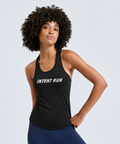 Woman wearing a black tank top with 'Intent Run' text on a light gray background