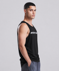 Man wearing a black tank top with 'Intent Run' text on a gray background